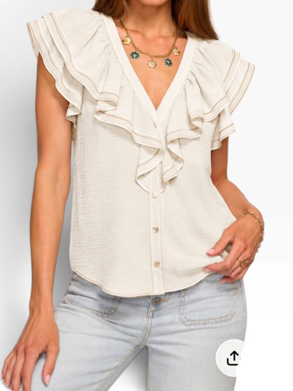 Ramy Brook Creamy White with Tan Topstitching Ruffle V-Neck Button Front Top S